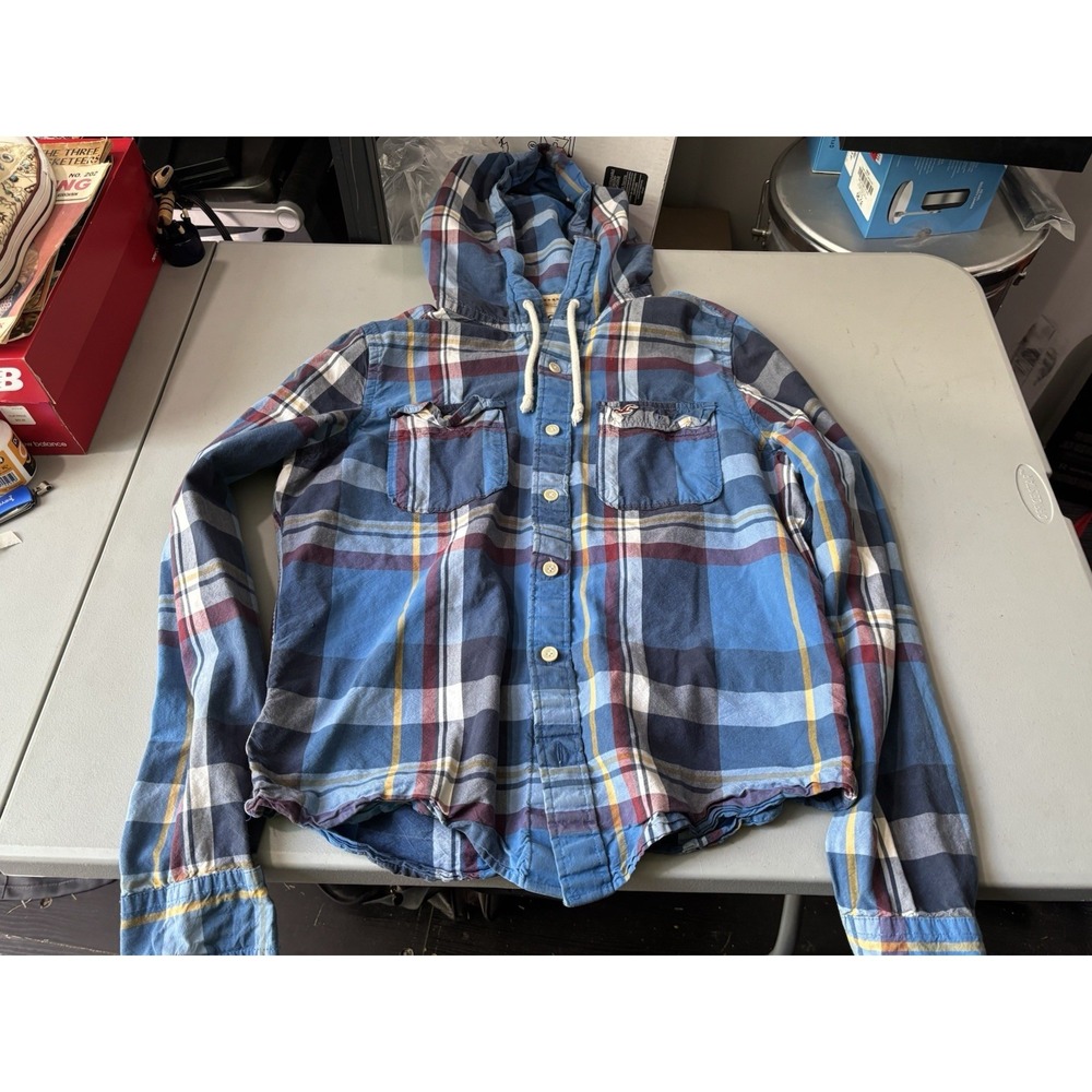 Hollister Hooded Flannel Shirt Mens XL Blue Red Plaid Long Sleeve Button Up